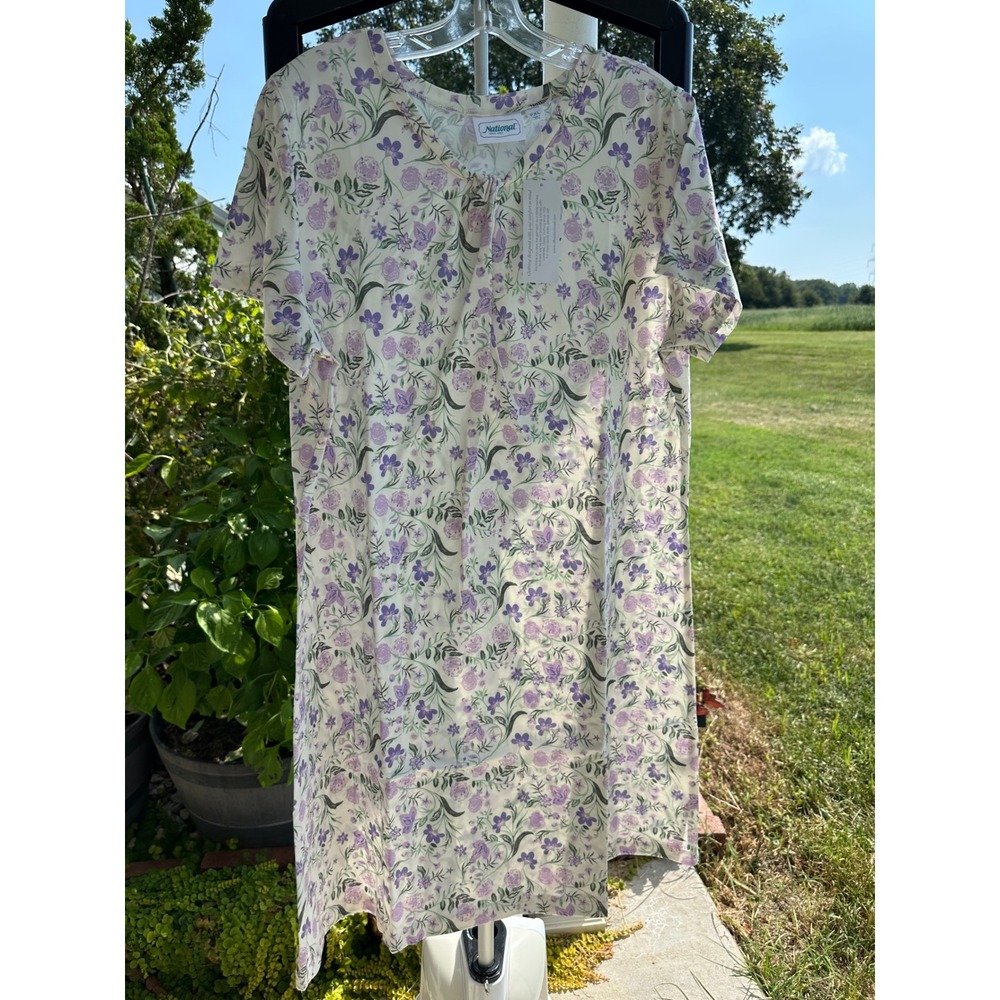 National Women Purple Floral Short Sleeve Nightgown Keyhole Neck PXL New